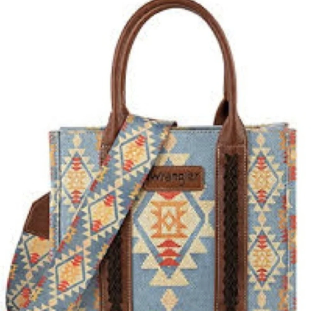Wrangler Blue & Brown Geometric Purse Tote Bag Aztec Southwestern Style - Picture 3 of 7